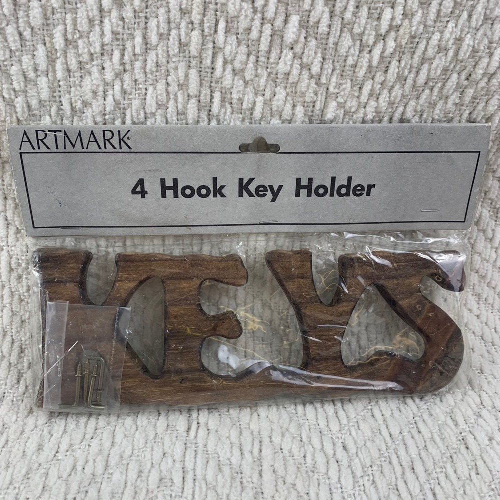 Artmark Key Holder Brown 4 Hook KEYS Wood Wall Mount Vintage 1991 Cottagecore